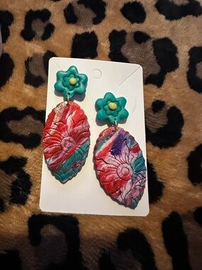 Handmade Multicolor Floral Dangle Earrings - Teal Flower Top